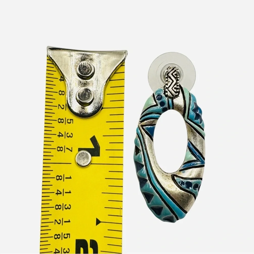 Southwestern Enamel Oval Drop Earrings Silver Tone Tribal Design Artisan Jewelry